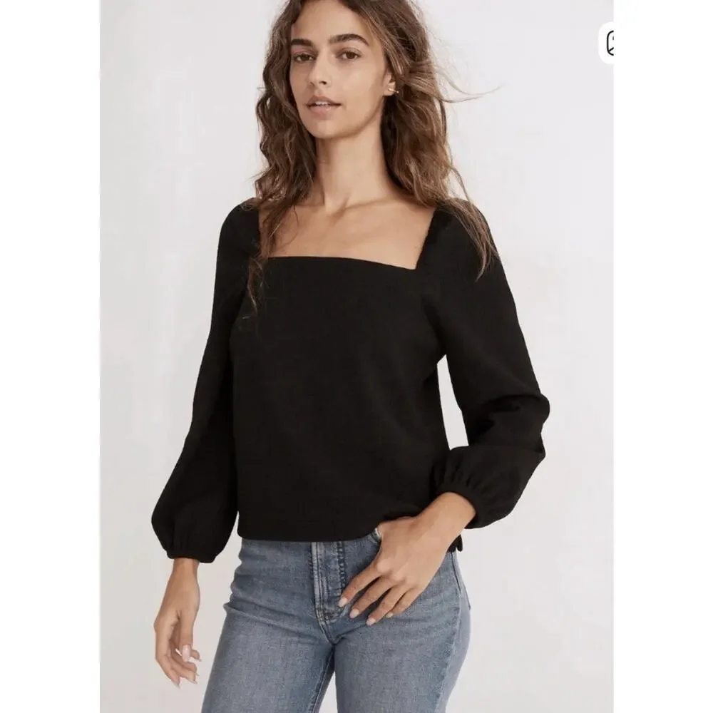 Madewell Crepe Black Square Neck Women’s Large Puff Sleeve Romantic